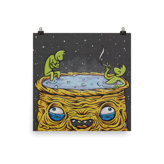 Two small aliens sit in a giant hot tub alien to relax and smoke a joint.