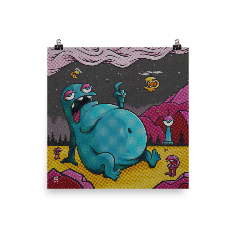 A giant rotund alien accepts assistance from small flying and bipedal aliens who were sent from a nearby base.