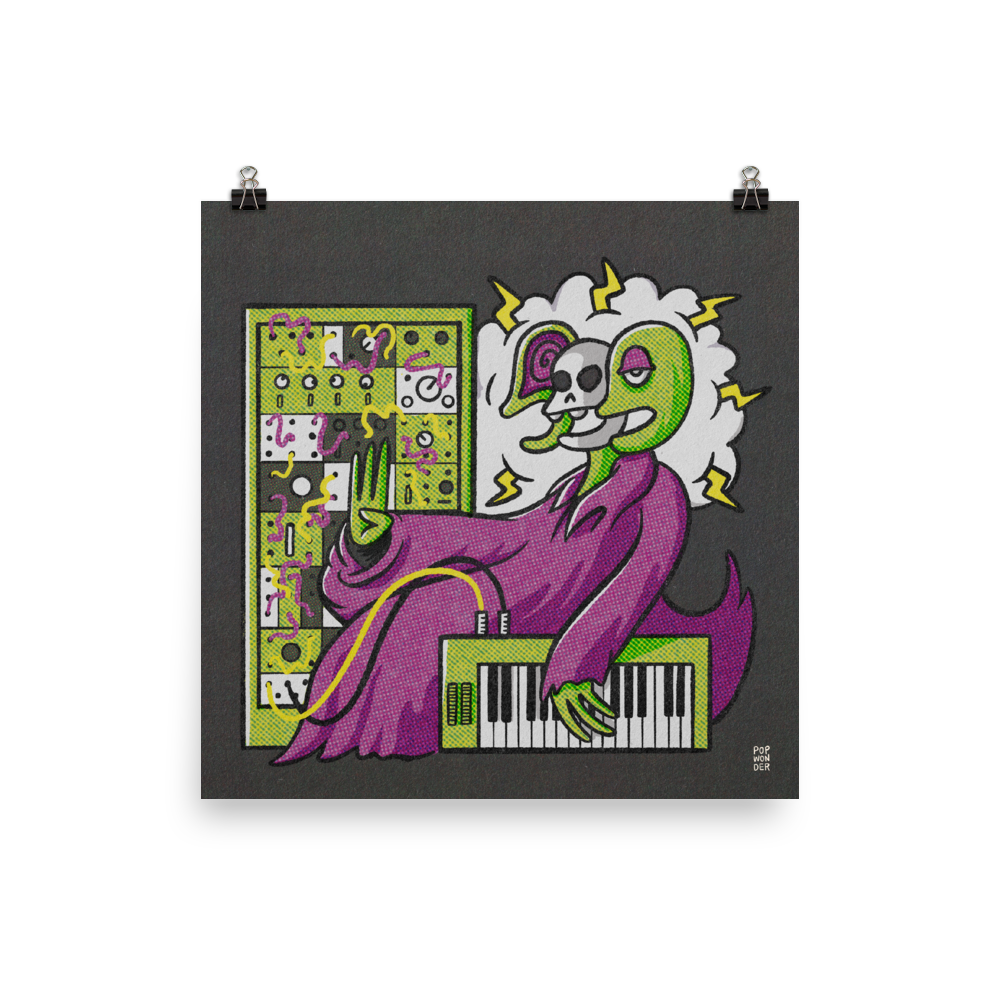 A robed alien stands in front of a modular synthesizer while their head splits apart shooting lightning bolts and revealing their skull.