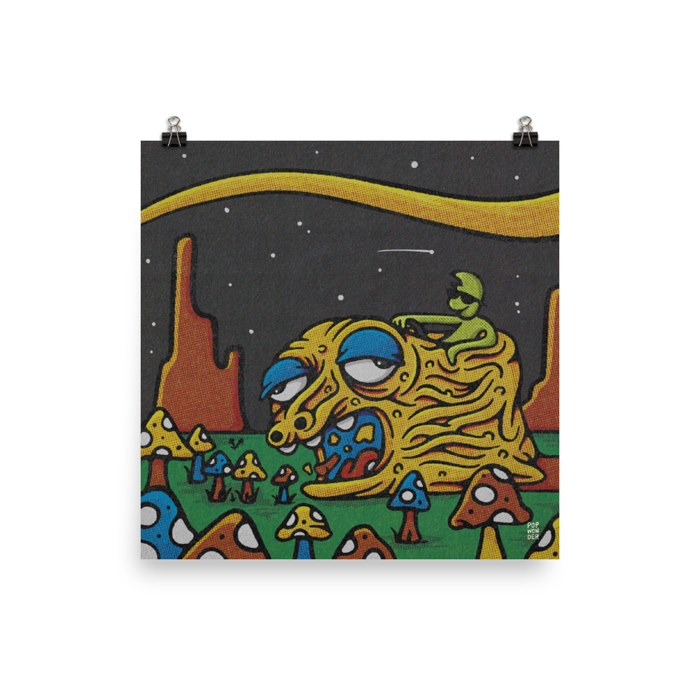 A small alien uses a large alien as a combine harvester for mushrooms.