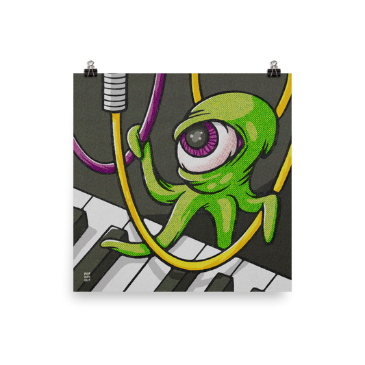 An octopus-like alien with one giant eyeball hangs from the patch cables of a synthesizer.