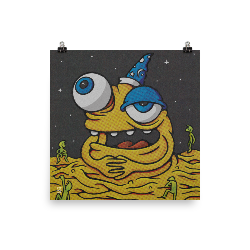 Small aliens climb up and gather around an alien wizard mountain to hear a tale.