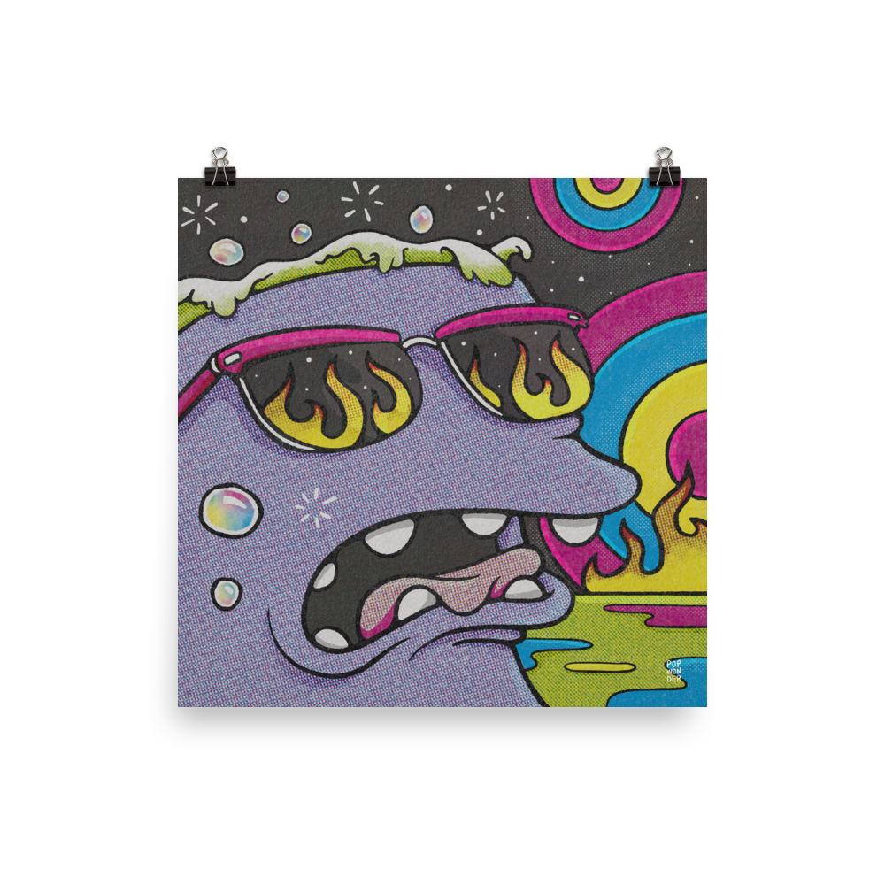 An alien with green acid bubbling from the top of their head trips out in a psychedelic landscape with flames reflecting in their sunglasses.