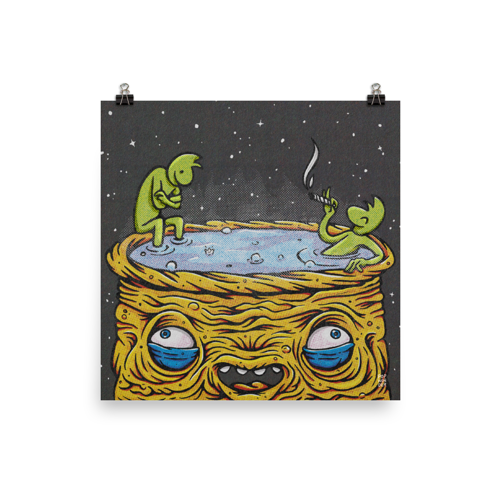 Two small aliens sit in a giant hot tub alien to relax and smoke a joint.